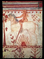 Der Hinterhalt des trojanischen Prinzen Troilus durch Achilles, aus dem Grab der Stiere (Tomba del Tori) um 540 v. Chr. (Wandmalerei)